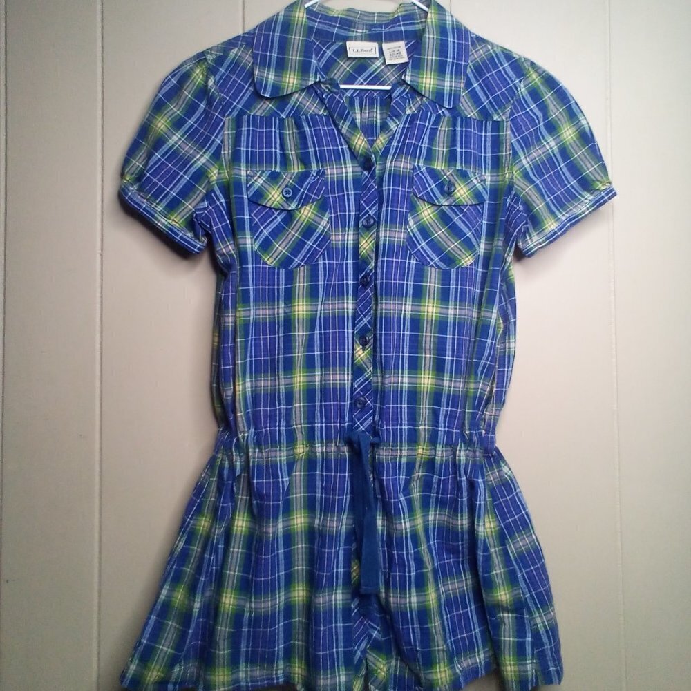 L.L. Bean Shirt Blouse Girls L 14 16 Short Sleeve Button Up Plaid Blue Green